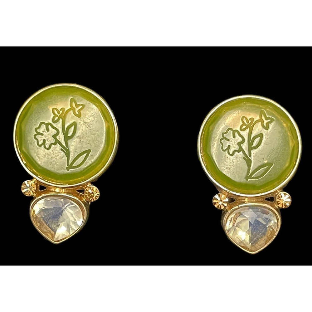 Green Floral Rhinestone Drop Art Deco Clip On Earrings 1950s Vintage Estate Sale